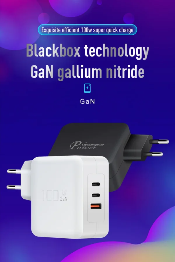 Chargeur rapide USB-C PD100CCA GaN 100 W pour ordinateurs portables, tablettes et téléphones